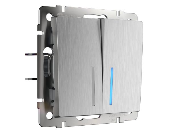 W1120109/ Выключатель двухклавишный с подсветкой (cеребряный рифленый) W1120109