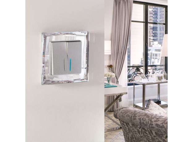 W1120109/ Выключатель двухклавишный с подсветкой (cеребряный рифленый) W1120109