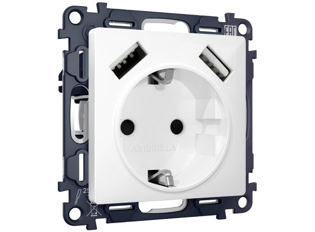 MA109010 Комплект механизма электрической розетки ALFA Белый глянец 2USB A+A 18W (быстрая зарядка) с/з QUANT (AP1090, VM155)