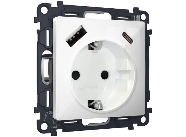 MA110010 Комплект механизма электрической розетки ALFA Белый глянец 2USB A+C 20W (быстрая зарядка) с/з QUANT (AP1100, VM160)