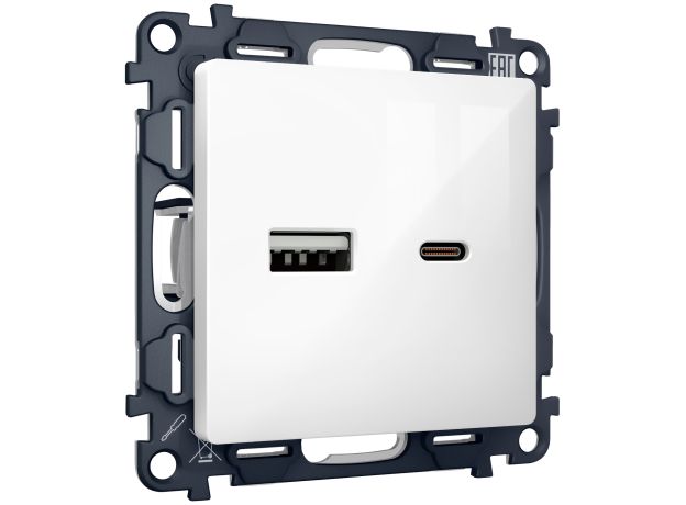 MA111010 Комплект механизма розетки ALFA Белый глянец 2USB A+C 20W (быстрая зарядка) QUANT
