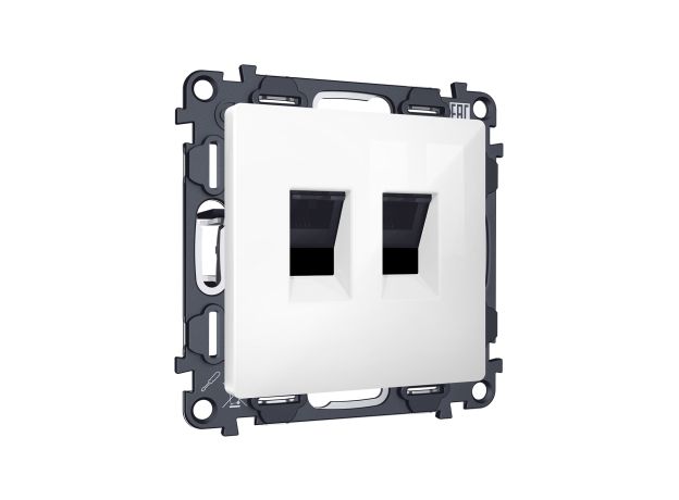 MA112110 Комплект механизма компьютерной двойной розетки RJ-45 с автоматической защитной шторкой ALFA Белый глянец QUANT (AP1121, VM189)