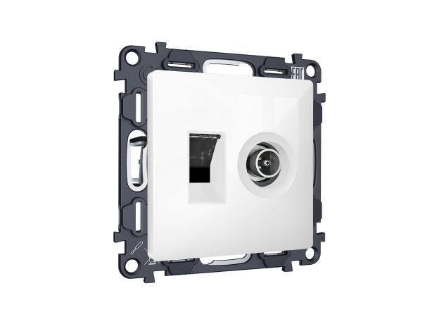 MA112510 Комплект механизма розетки компьютерной + TV оконечной RJ-45 с автоматической защитной шторкой ALFA Белый глянец QUANT (AP1125, VM195)