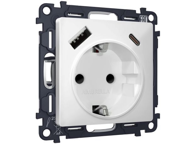 MA130010 Комплект механизма электрической розетки ALFA Белый матовый 2USB A+C 20W (быстрая зарядка) с/з QUANT (AP1300, VM160)