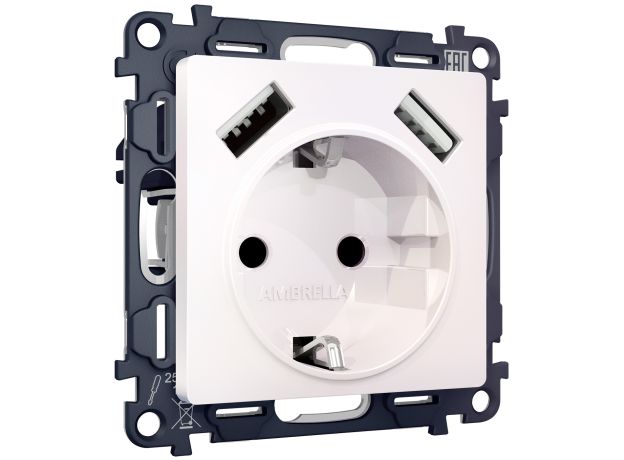 MA209010 Комплект механизма электрической розетки ALFA Жемчуг 2USB A+A 18W (быстрая зарядка) с/з QUANT (AP2090, VM155)