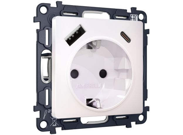 MA210010 Комплект механизма электрической розетки ALFA Жемчуг 2USB A+C 20W (быстрая зарядка) с/з QUANT (AP2100, VM160)