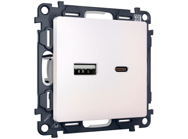 MA211010 Комплект механизма розетки ALFA Жемчуг 2USB A+C 20W (быстрая зарядка) QUANT (AP2110, VM177)