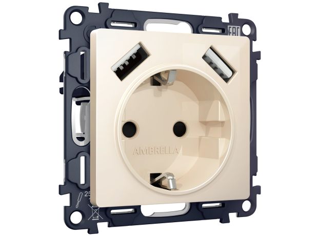 MA309010 Комплект механизма электрической розетки ALFA Бежевый глянец 2USB A+A 18W (быстрая зарядка) с/з QUANT (AP3090, VM155)