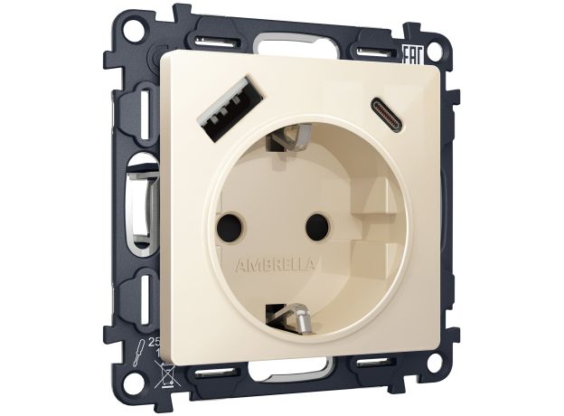 MA310010 Комплект механизма электрической розетки ALFA Бежевый глянец 2USB A+C 20W (быстрая зарядка) с/з QUANT (AP3100, VM160)