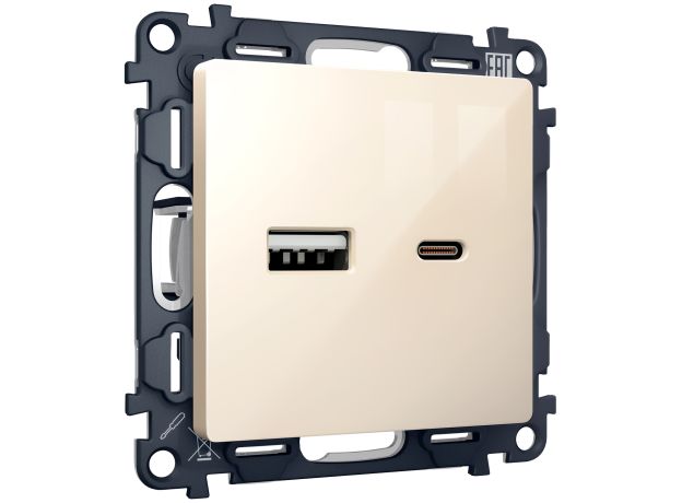 MA311010 Комплект механизма розетки ALFA Бежевый глянец 2USB A+C 20W (быстрая зарядка) QUANT (AP3100, VM177)