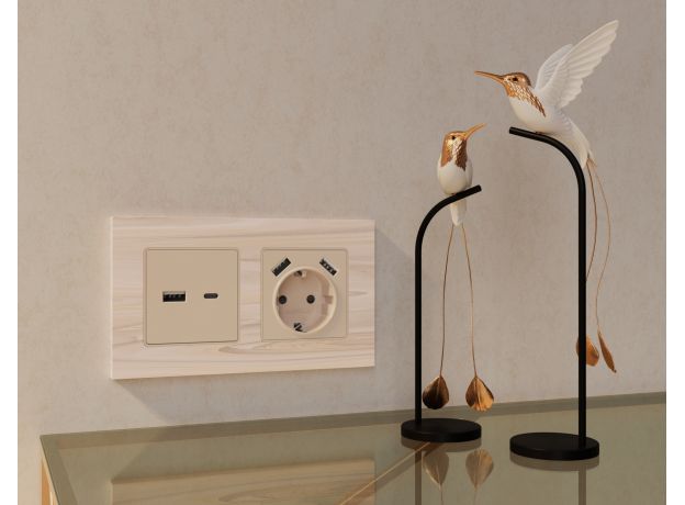 MA329010 Комплект механизма электрической розетки ALFA Бежевый матовый 2USB A+A 18W (быстрая зарядка) с/з QUANT (AP3290, VM155)