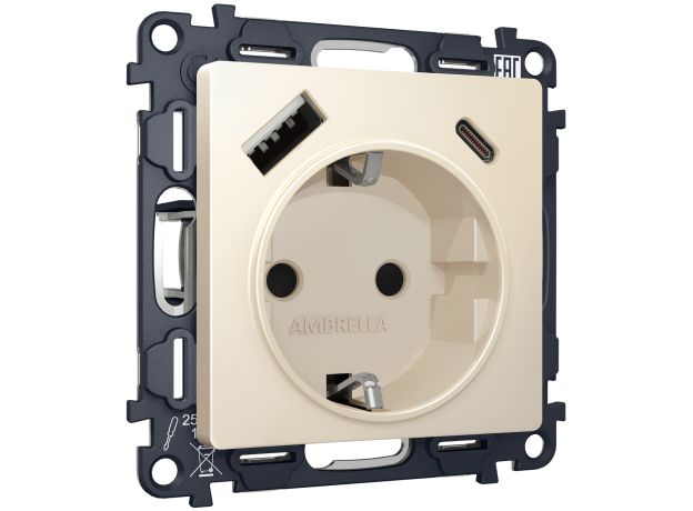 MA330010 Комплект механизма электрической розетки ALFA Бежевый матовый 2USB A+C 20W (быстрая зарядка) с/з QUANT (AP3300, VM160)
