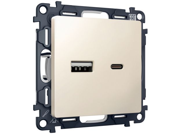 MA331010 Комплект механизма розетки ALFA Бежевый матовый 2USB A+C 20W (быстрая зарядка) QUANT (AP3310, VM177)