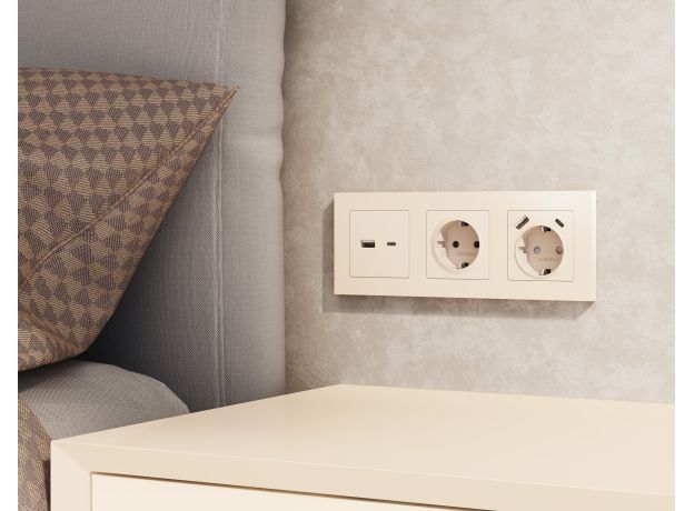 MA331010 Комплект механизма розетки ALFA Бежевый матовый 2USB A+C 20W (быстрая зарядка) QUANT (AP3310, VM177)