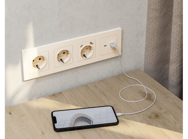 MA331010 Комплект механизма розетки ALFA Бежевый матовый 2USB A+C 20W (быстрая зарядка) QUANT (AP3310, VM177)