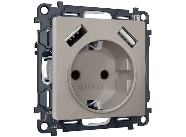 MA369010 Комплект механизма электрической розетки ALFA Серо-бежевый матовый 2USB A+A 18W (быстрая зарядка) с/з QUANT (AP3690, VM155)