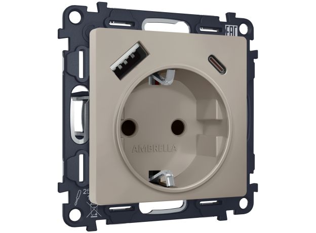 MA370010 Комплект механизма электрической розетки ALFA Серо-бежевый матовый 2USB A+C 20W (быстрая зарядка) с/з QUANT (AP3700, VM160)