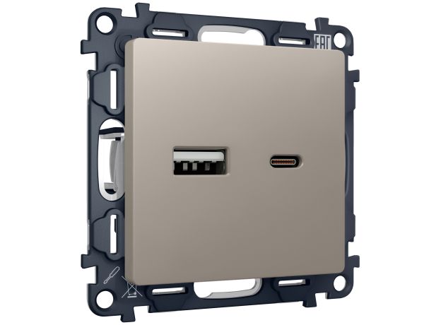 MA371010 Комплект механизма розетки ALFA Серо-бежевый матовый 2USB A+C 20W (быстрая зарядка) QUANT (AP3710, VM177)