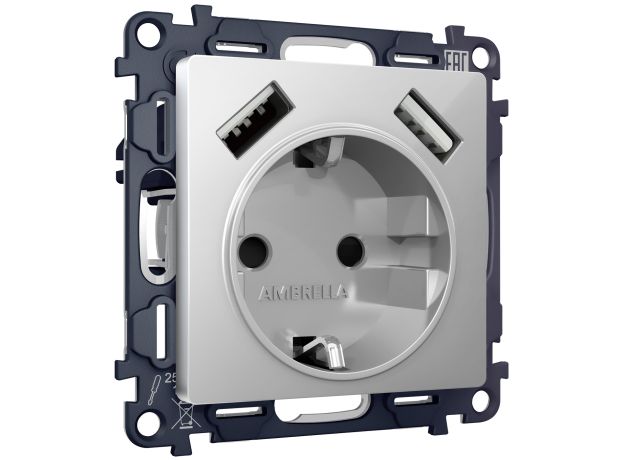 MA409010 Комплект механизма электрической розетки ALFA Серебро глянец 2USB A+A 18W (быстрая зарядка) с/з QUANT (AP4090, VM155) 