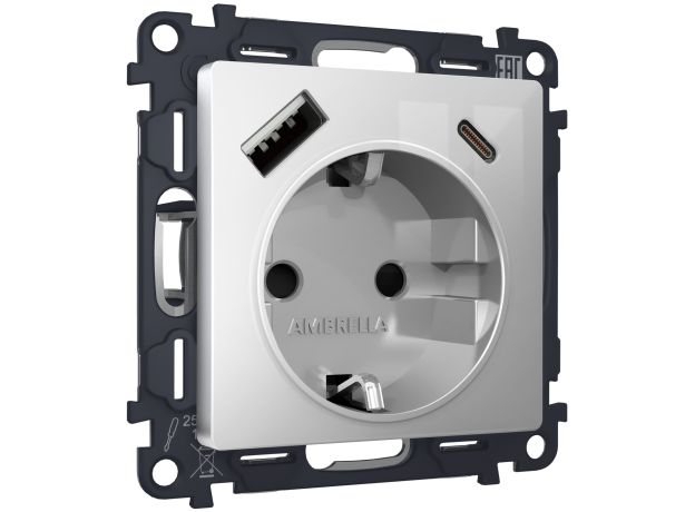 MA410010 Комплект механизма электрической розетки ALFA Серебро глянец 2USB A+C 20W (быстрая зарядка) с/з QUANT (AP4100, VM160)