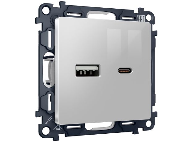 MA411010 Комплект механизма розетки ALFA Серебро глянец 2USB A+C 20W (быстрая зарядка) QUANT (AP4110, VM177)