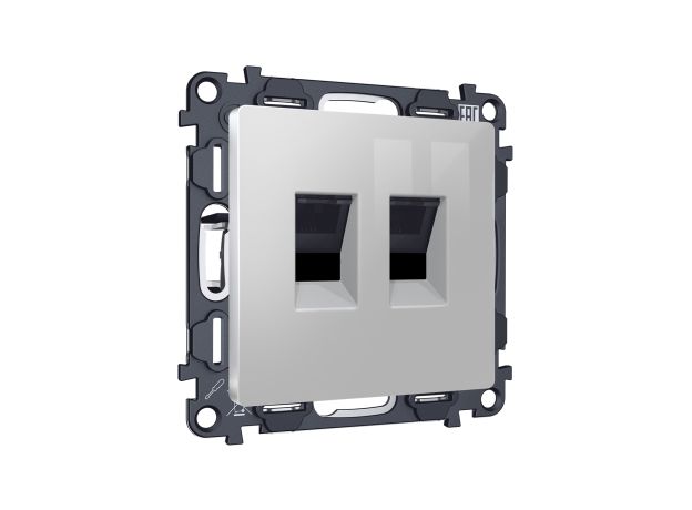 MA412110 Комплект механизма компьютерной двойной розетки RJ-45 (8P8C) CAT6 с автоматической защитной шторкой ALFA Серебро глянец QUANT (AP4121, VM189)