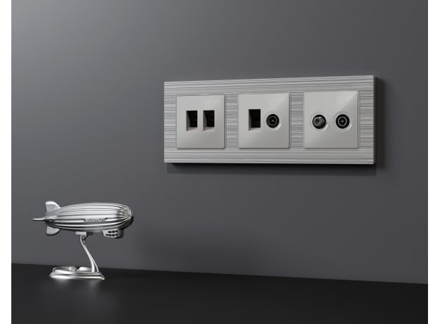 MA412510 Комплект механизма розетки компьютерной + TV оконечной RJ-45 с автоматической защитной шторкой ALFA Серебро глянец QUANT (AP4125, VM195)