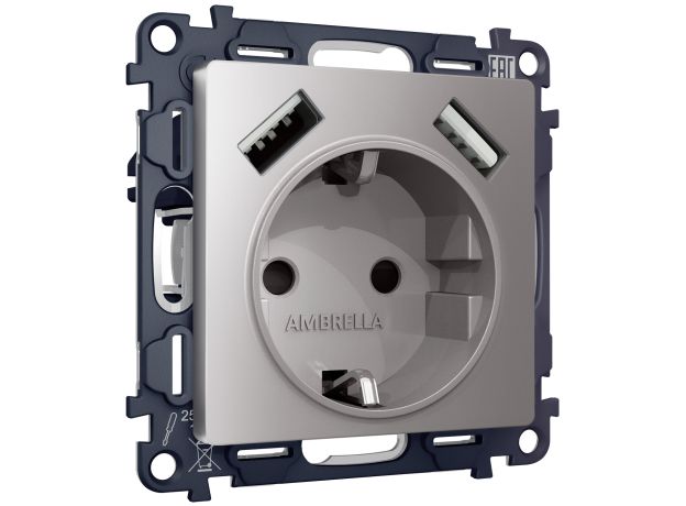MA509010 Комплект механизма электрической розетки ALFA Сталь матовый 2USB A+A 18W (быстрая зарядка) с/з QUANT (AP5090, VM155)