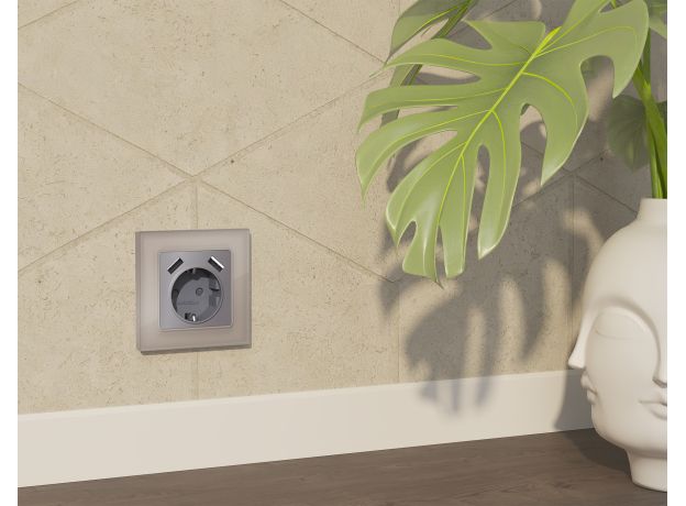MA509010 Комплект механизма электрической розетки ALFA Сталь матовый 2USB A+A 18W (быстрая зарядка) с/з QUANT (AP5090, VM155)