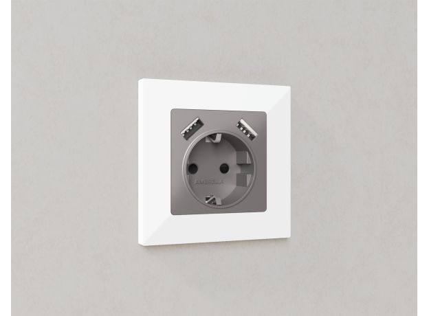 MA509010 Комплект механизма электрической розетки ALFA Сталь матовый 2USB A+A 18W (быстрая зарядка) с/з QUANT (AP5090, VM155)