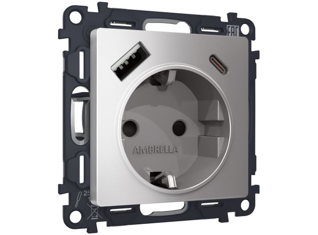 MA510010 Комплект механизма электрической розетки ALFA Сталь матовый 2USB A+C 20W (быстрая зарядка) с/з QUANT (AP5100, VM160)