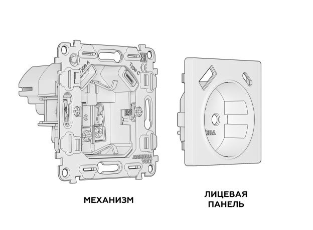 MA510010 Комплект механизма электрической розетки ALFA Сталь матовый 2USB A+C 20W (быстрая зарядка) с/з QUANT (AP5100, VM160)