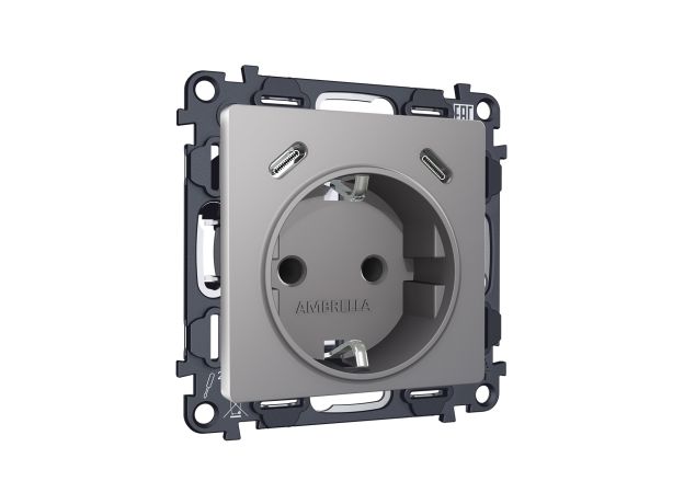 MA510510 Комплект механизма электрической розетки 2USB С+C 20W с/з на винтовых зажимах 16A-250V ALFA Сталь матовый QUANT (AP5105, VM165)