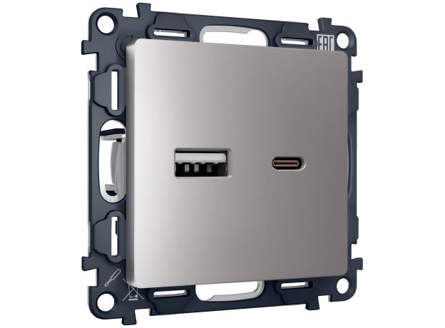 MA511010 Комплект механизма розетки ALFA Сталь матовый 2USB A+C 20W (быстрая зарядка) QUANT (AP5110, VM177)