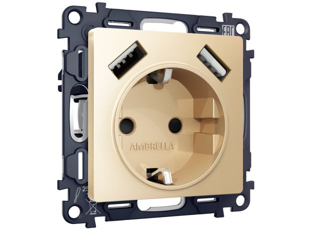 MA609010 Комплект механизма электрической розетки ALFA Шампань 2USB A+A 18W (быстрая зарядка) с/з QUANT (AP6060, VM155)