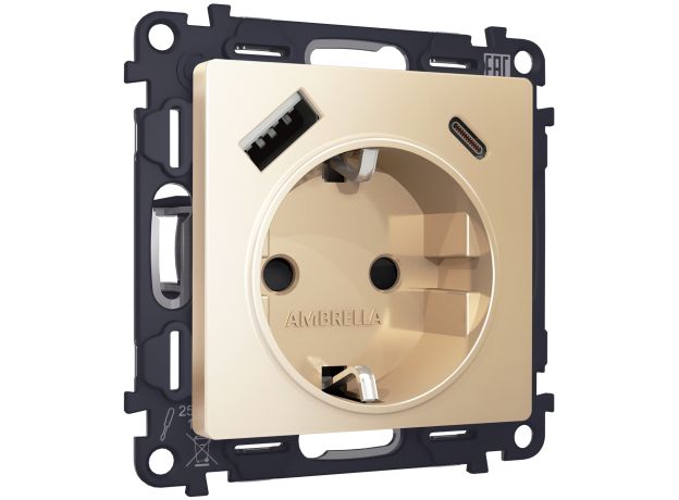 MA610010 Комплект механизма электрической розетки ALFA Шампань 2USB A+C 20W (быстрая зарядка) с/з QUANT (AP6100, VM160)