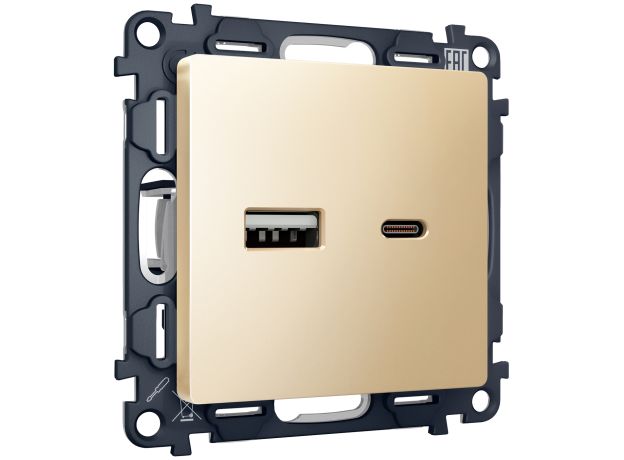 MA611010 Комплект механизма розетки ALFA Шампань 2USB A+C 20W (быстрая зарядка) QUANT (AP6110, VM177)
