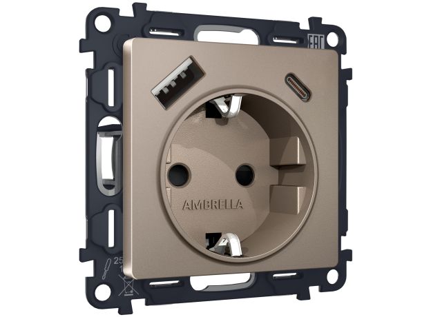 MA640010 Комплект механизма электрической розетки ALFA Темная бронза матовый 2USB A+C 20W (быстрая зарядка) с/з QUANT (AP6400, VM160)