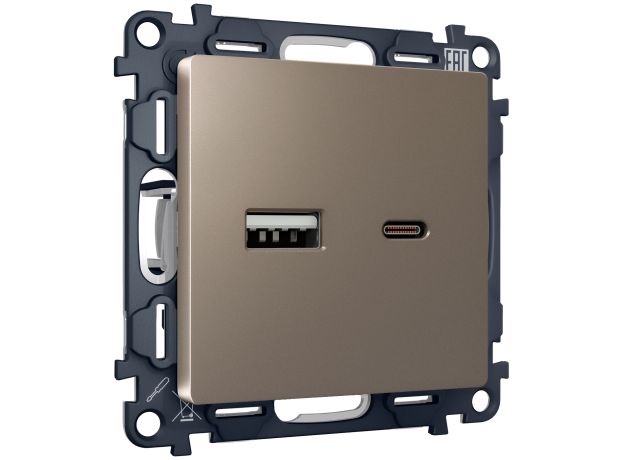 MA641010 Комплект механизма розетки ALFA Темная бронза матовый 2USB A+C 20W (быстрая зарядка) QUANT (AP6410, VM177)