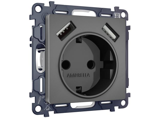 MA659010 Комплект механизма электрической розетки ALFA Антрацит серый 2USB A+A 18W (быстрая зарядка) с/з QUANT (AP6590, VM155)