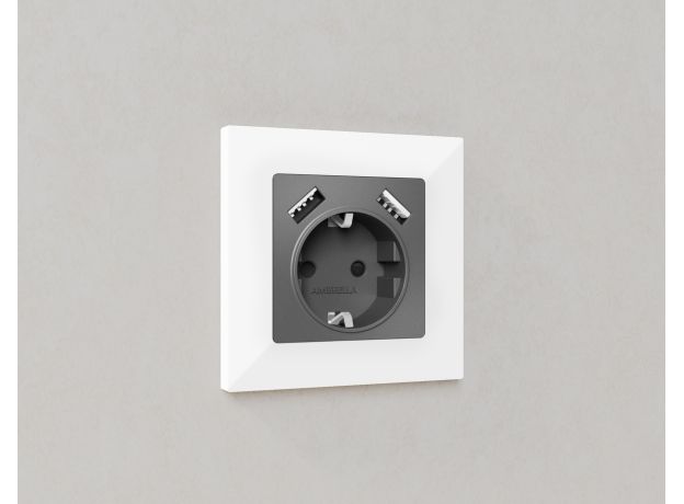 MA659010 Комплект механизма электрической розетки ALFA Антрацит серый 2USB A+A 18W (быстрая зарядка) с/з QUANT (AP6590, VM155)