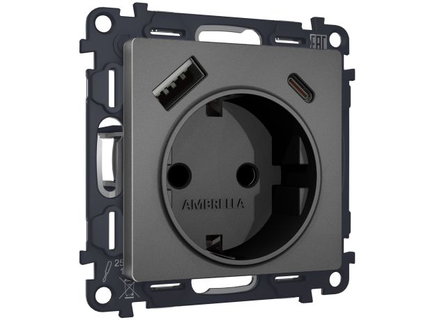 MA660010 Комплект механизма электрической розетки ALFA Антрацит серый 2USB A+C 20W (быстрая зарядка) с/з QUANT (AP6600, VM160)