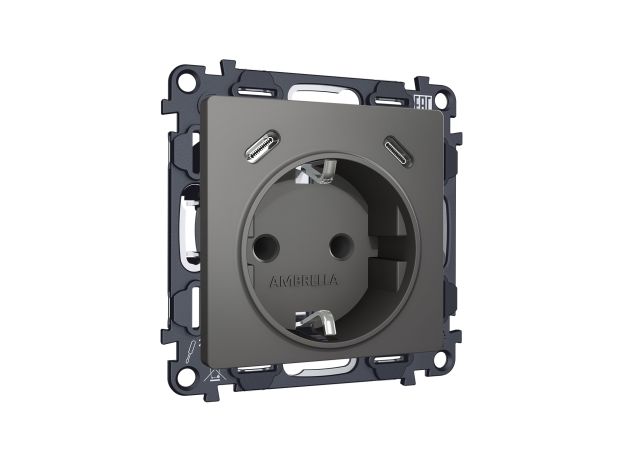 MA660510 Комплект механизма электрической розетки 2USB С+C 20W с/з на винтовых зажимах 16A-250V ALFA Антрацит серый QUANT (AP6605, VM165)