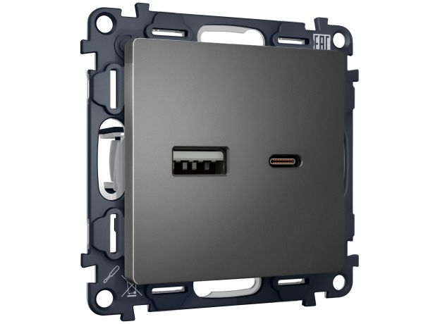 MA661010 Комплект механизма розетки ALFA Антрацит серый 2USB A+C 20W (быстрая зарядка) QUANT (AP6610, VM177)