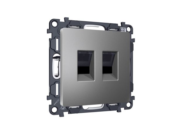 MA662110 Комплект механизма компьютерной двойной розетки RJ-45 (8P8C) CAT6 с автоматической защитной шторкой ALFA Антрацит серый QUANT (AP6621, VM189)