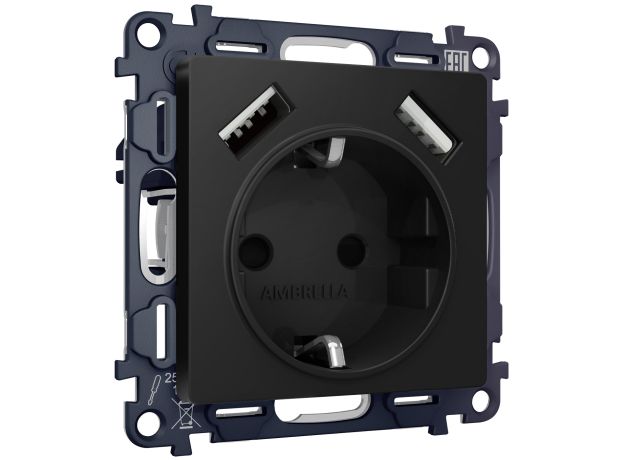 MA809010 Комплект механизма электрической розетки ALFA Черный матовый 2USB A+A 18W (быстрая зарядка) с/з QUANT (AP8090, VM155)
