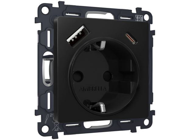 MA810010 Комплект механизма электрической розетки ALFA Черный матовый 2USB A+C 20W (быстрая зарядка) с/з QUANT (AP8100, VM160)