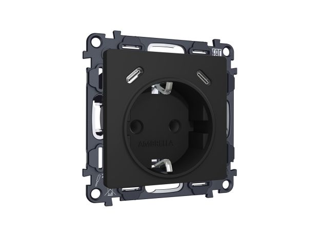 MA810510 Комплект механизма электрической розетки 2USB С+C 20W с/з на винтовых зажимах 16A-250V ALFA Черный матовый QUANT (AP8105, VM165)