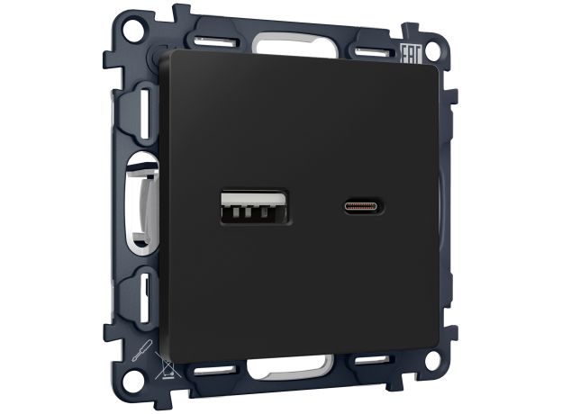 MA811010 Комплект механизма розетки ALFA Черный матовый 2USB A+C 20W (быстрая зарядка) QUANT (AP8110, VM177)