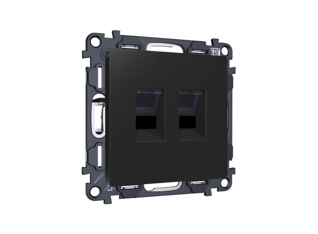 MA812110 Комплект механизма компьютерной двойной розетки RJ-45 (8P8C) CAT6 с автоматической защитной шторкой ALFA Черный матовый QUANT (AP8121, VM189)
